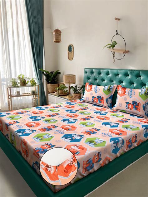 Multi Cartoon Characters 400 TC Pure Cotton Fitted Double Bedsheet wit ...