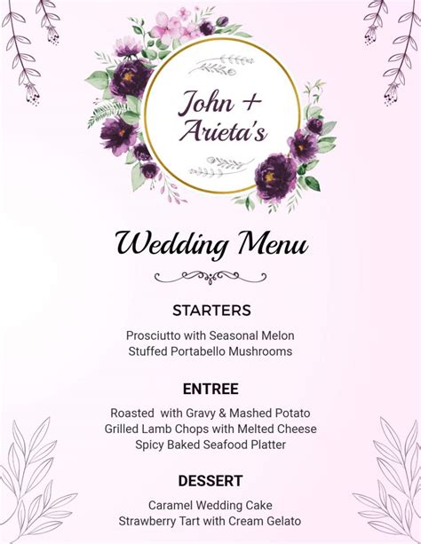 Image result for Wedding Reception Menu Examples