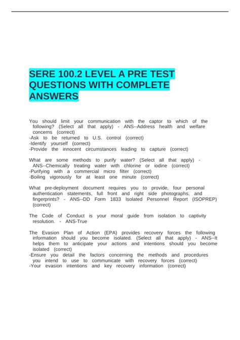 SERE 100.2 LEVEL A PRE TEST QUESTIONS WITH COMPLETE ANSWERS - ALSO Pre ...