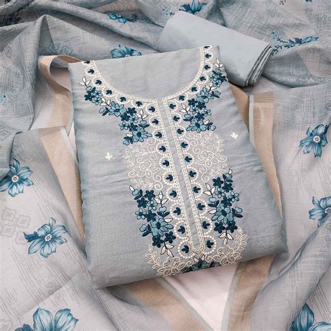 Elegant Sky Blue Floral Thread Embroidered Art Silk Dress Material Ado