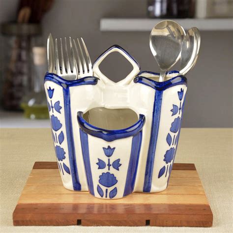StyleMyWay Handpainted Ceramic Kitchen Cutlery Stand (White and Blue ...