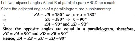 Two adjacent angles of a parallelogram have equal measure - CBSE Class ...