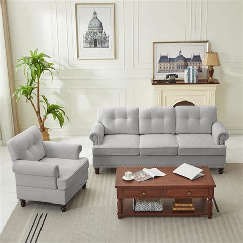 JEAREY Modern 2-Piece Grey Chenille Living Room Set with Nailhead Trim ...