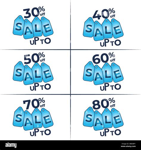 Blue Discount Tags Vector Set Up to 30%, 40%, 50%, 60%, 70%, 80% Off ...