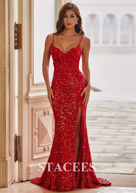 Fitted Applique Sequin Sleeveless Corset Slit Prom Dress S8341P - Prom ...