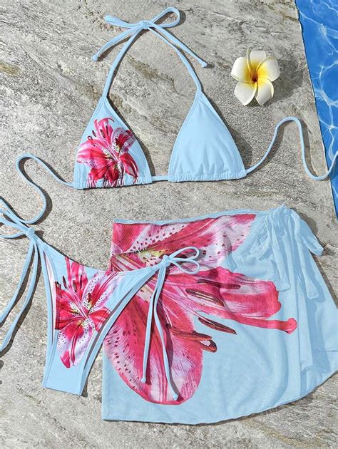 3pcs/Set Ombre Position Tropical Floral Print Women Bikini Set ...