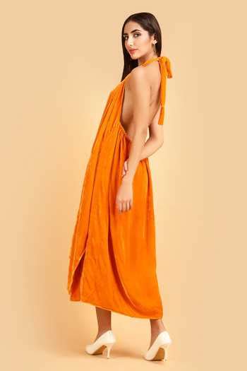 Buy Orange Silk, Velvet Halter Neck Asymmetric Dress For Women by Label ...
