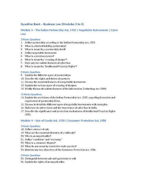 Question Bank: Business Law (Modules 3-5) - LAB Notes - Studocu