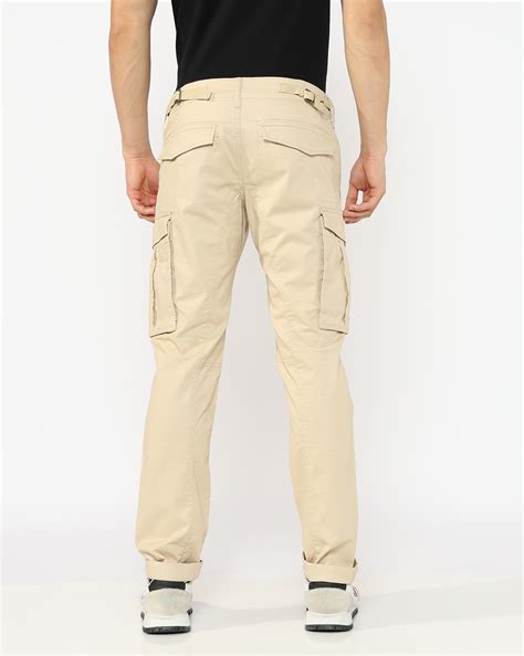 Slim Straight Fit Mid Rise Beige Cargo Trousers