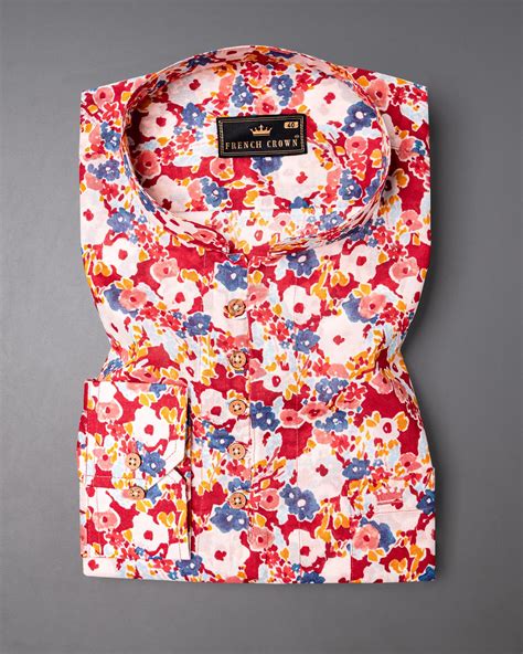 Mandy Red Casual Prints Premium Cotton Indian Kurta Style Shirt For Men ...