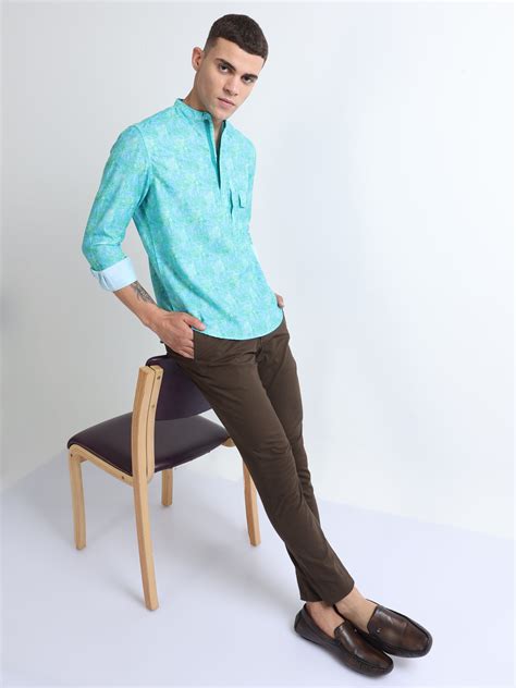 Buy green chinese collar double pocket floral printed shirt