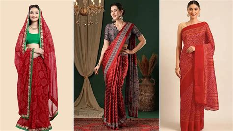 5 Red Bandhani Sarees With Contrast Blouse Designs: HZ Contrast Couture ...