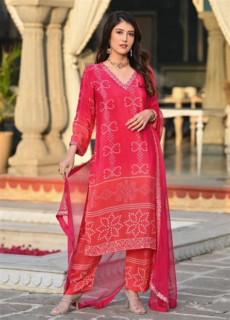 3 Pc Pink Readymade Silk Dupatta Suit Set