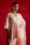 Buy Pink Cotton, Tulle, Net Embroidery, Mirrors V-neck Peplum Kurta ...