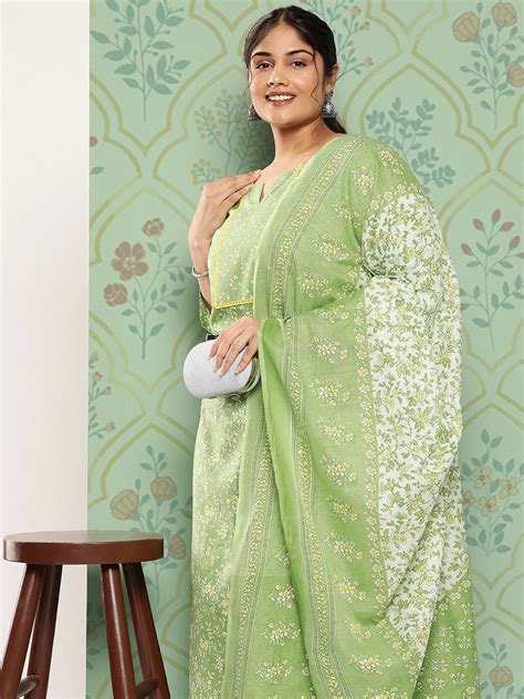 Plus Size Floral Printed Regular Pure Cotton Kurta with Trousers & Dup ...