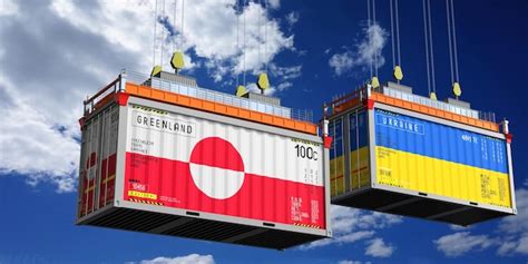 Shipping containers with flags of greenland and ukraine 3d illustration ...