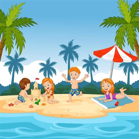 Cartoon gelukkige kinderen spelen op het strand | Premium Vector