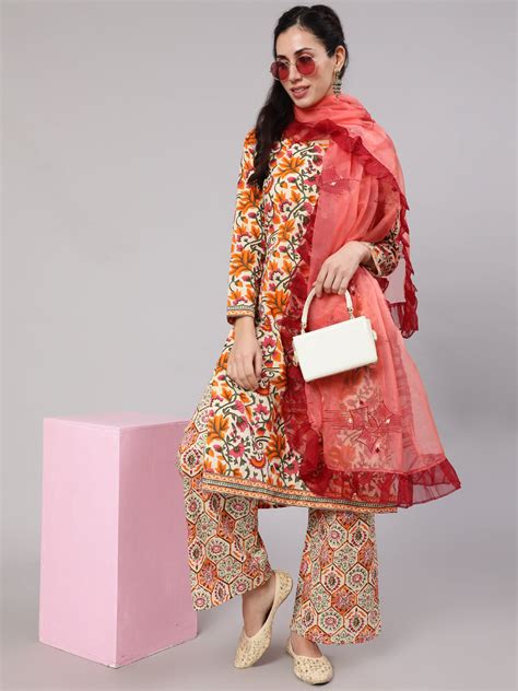Beige Floral Print Straight Kurta Palazzo With Dupatta – wholesale-aks