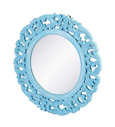 Wood Hand Crafted Round Shape Vanity Wall Mirror Glass for Living Room