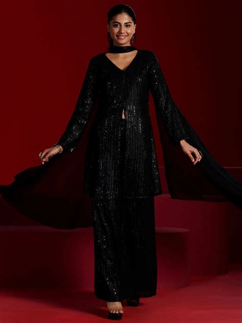 Buy Libas Art Black Embroidered Georgette A-Line Kurta With Palazzos ...