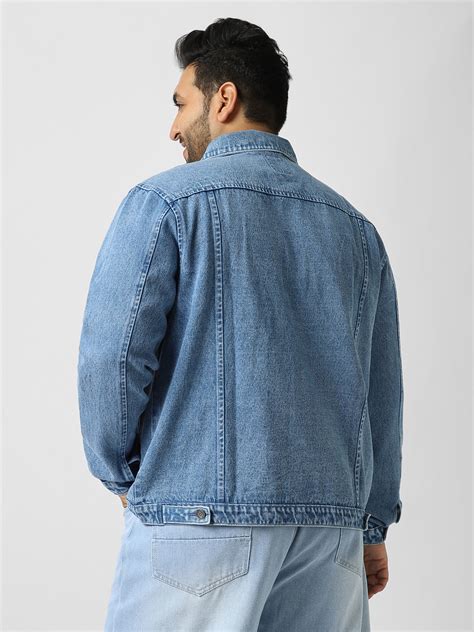 Plus Men's Light Blue Regular Fit Washed Full Sleeve Denim Jacket ...