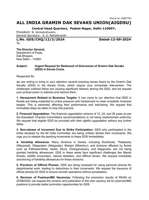 Urgent Request for redressal of Grievances of GDS in Kerala circle