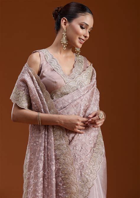 Buy Mauve Cording Tissue Saree - Koskii