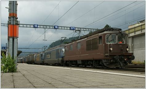 BLS Re 4/4 171 and two Re 465 with a cargo train in Spiez - Rail ...