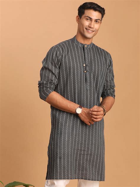 Men's Grey Jacquard Zig Zag Cotton Kurta – vastramay
