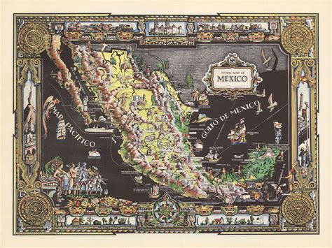 Old Map of Mexico, 1939: Mexico City, Cathedral, Pacific Ocean, Explor ...