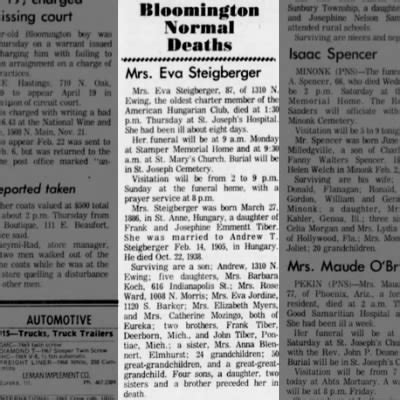 Obituary for Eva Steigberger (Aged 87) Pantagraph 8 March 1974 (Friday ...