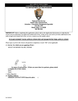 Fillable Online nps 2013 APPLICATION FORM COMMERCIAL USE AUTHORIZATION ...