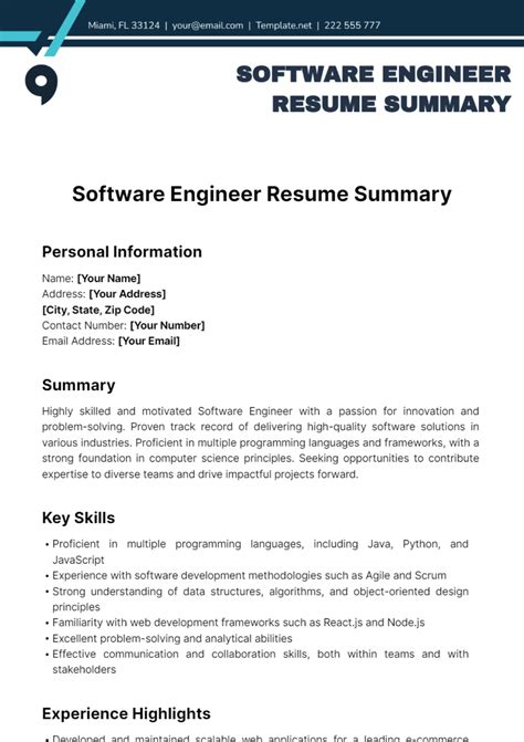 Free Software Engineer Resume Summary Template to Edit Online