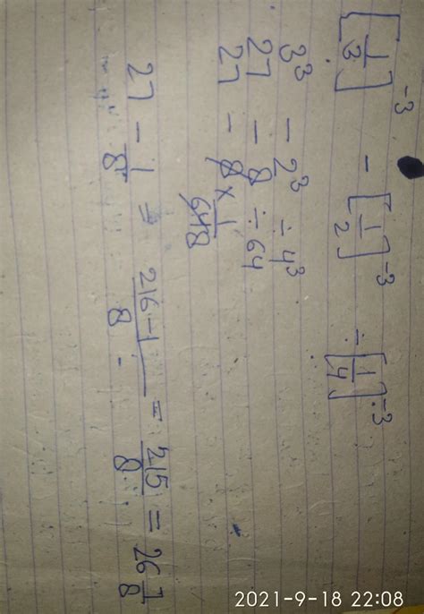 Evaluate: {(1/3) whole raise to power -3 (minus) (1/2) whole raise to ...