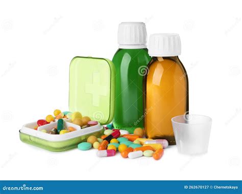 Bottles of Syrups, Measuring Cup with Pills on White Background. Cough ...