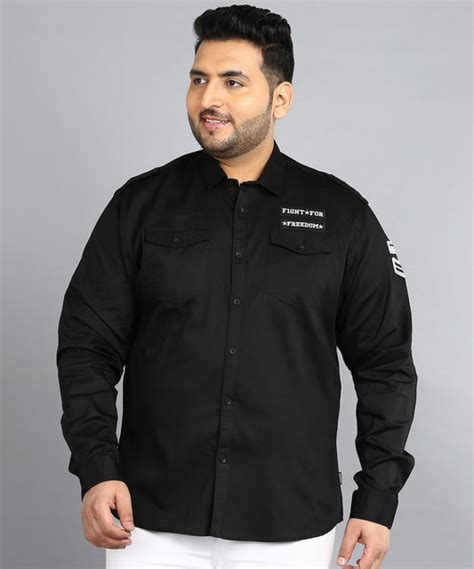 Plus Men's Black Cotton Full Sleeve Regular Fit Casual Solid Shirt ...