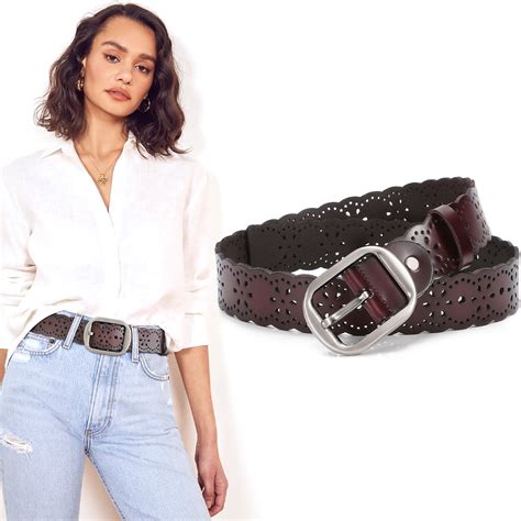 JASGOOD Women Leather Belts Hollow Flower Brown Belt for Ladies Jeans ...