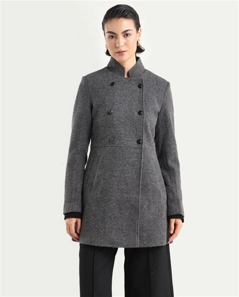 Rareism Women's Norint Dark Grey Polyester Blend Mandarin Collar Fitte