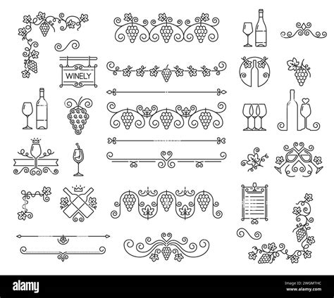 Wine vine outline decor and ornaments with grape branch and bottle, vector floral lines. Winery ...