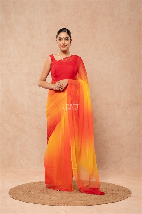 Red Orange Yellow Pure Georgette Multicolour Hand-Dye Saree with Blous