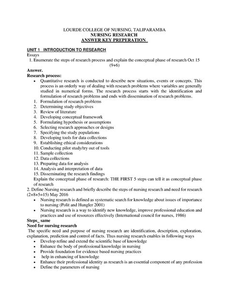 Nursing Research answer key - LOURDE COLLEGE OF NURSING, TALIPARAMBA ...