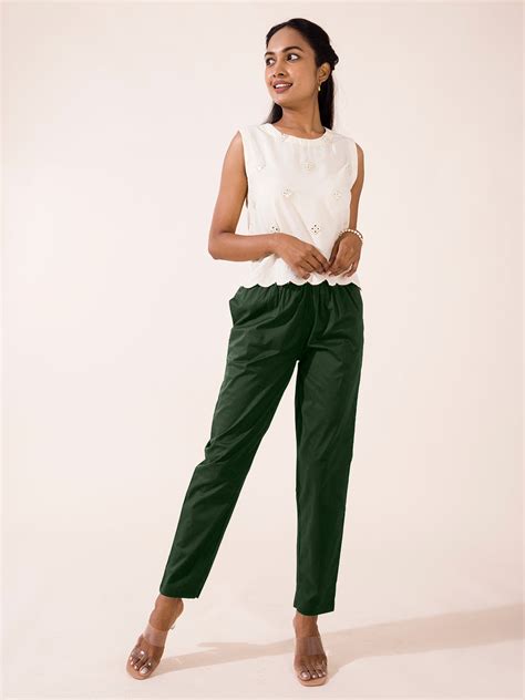 Women Solid Dark Olive Mid Rise Cotton Pants
