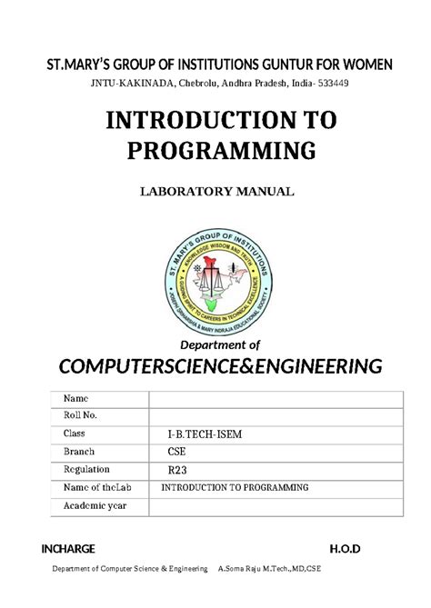 CSE R23: Introduction to Programming Laboratory Manual - Studocu