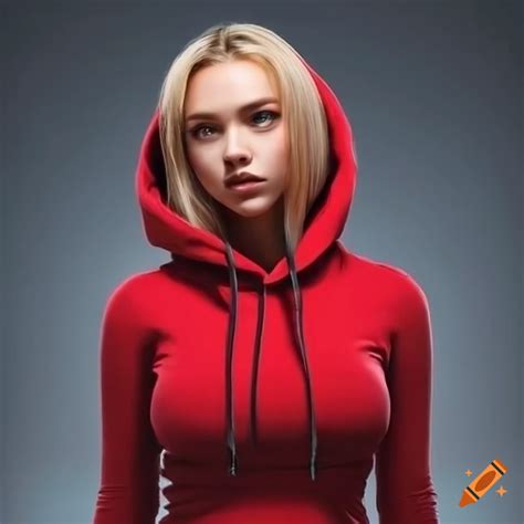 Blonde joung woman in red tight hoody and black jeans on Craiyon
