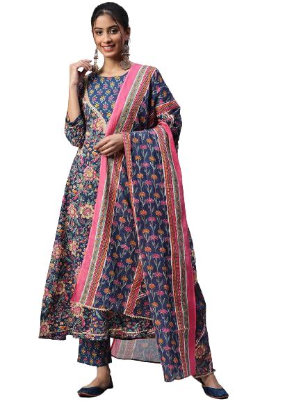 Buy Yuris Women Navy Blue Floral Printed Gotta Patti Pure Cotton Kurta ...