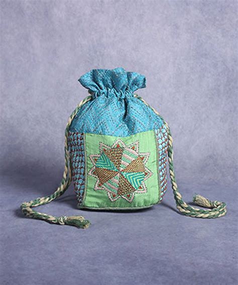 Light blue hand made kantha stitch cotton batua bag – GoSwadeshi