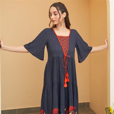 Buy Navy Blue V Neck Floral Tiered Dress | Rustorange