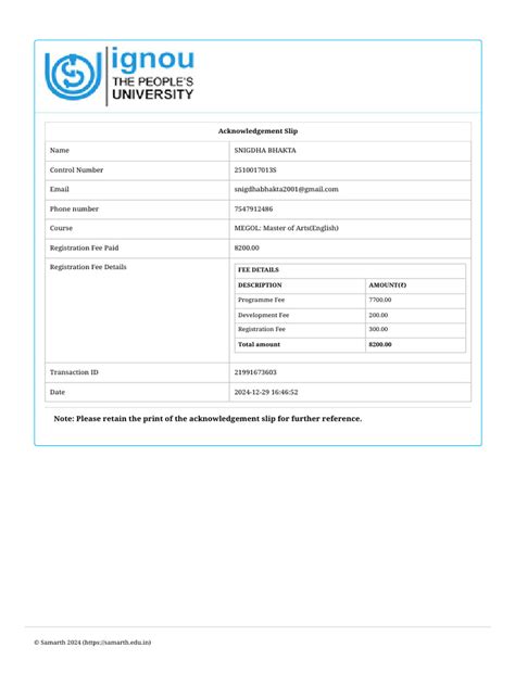 Image result for Ignou Assignment Receipt Form