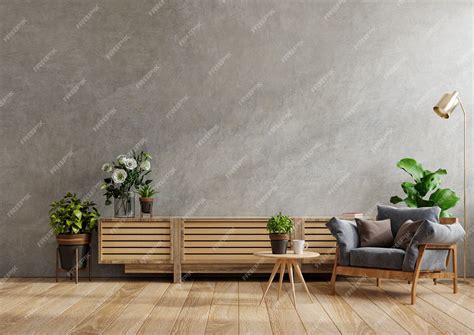 Schrank für TV im modernen Wohnzimmer mit Sessel, Lampe, Tisch, Blumen ...