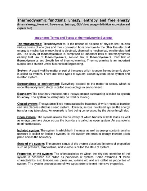 Unit 2 thermodynamics - Thermodynamic functions: Energy, entropy and ...